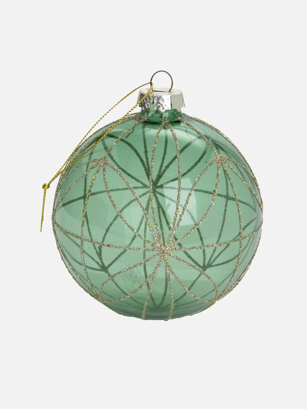 Green Glass Ball Ornaments with gold Flowers
